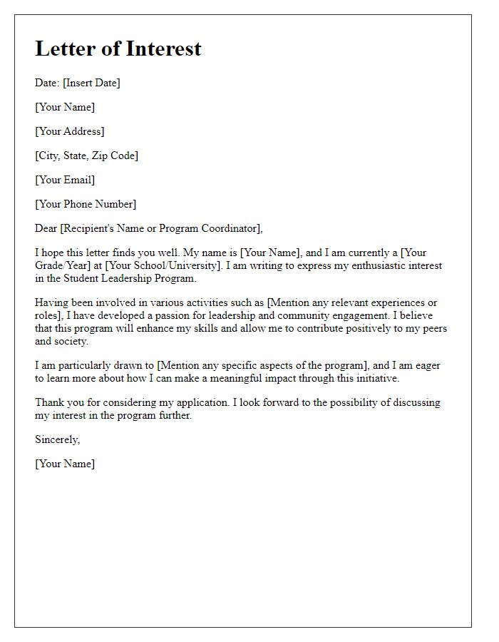 Letter template of interest in student leadership program introduction