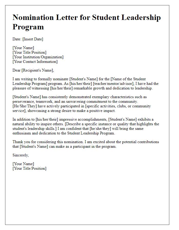 Letter template of nomination for student leadership program introduction