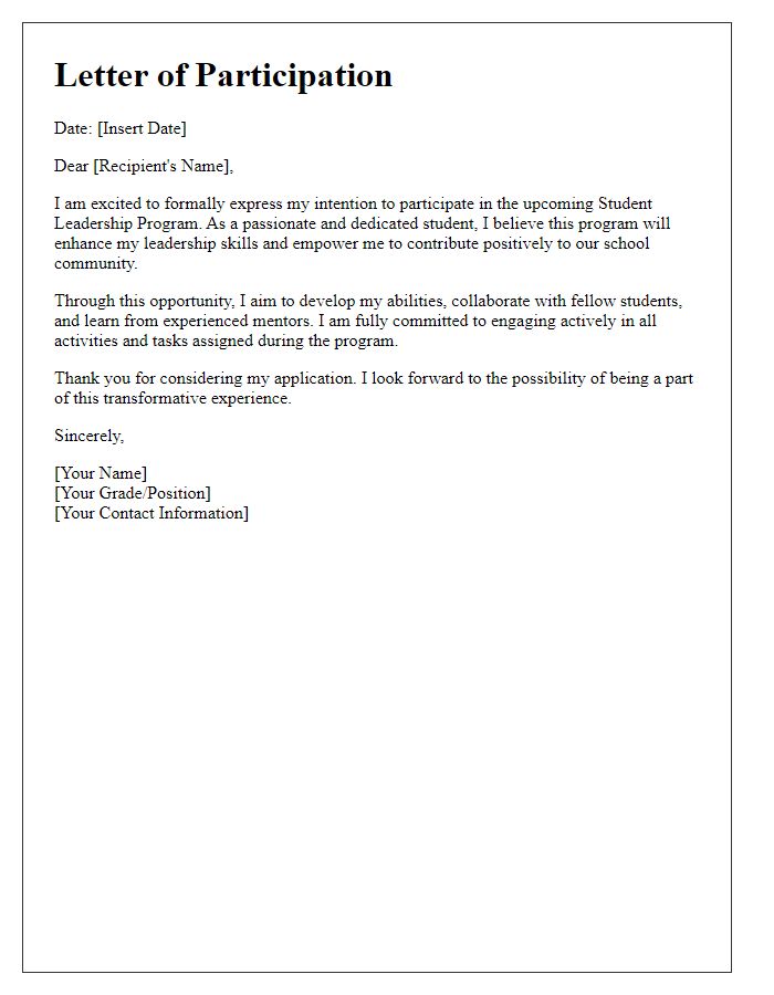 Letter template of participation in student leadership program introduction