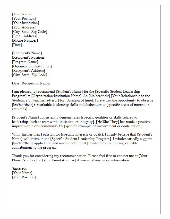 Letter template of recommendation for student leadership program introduction