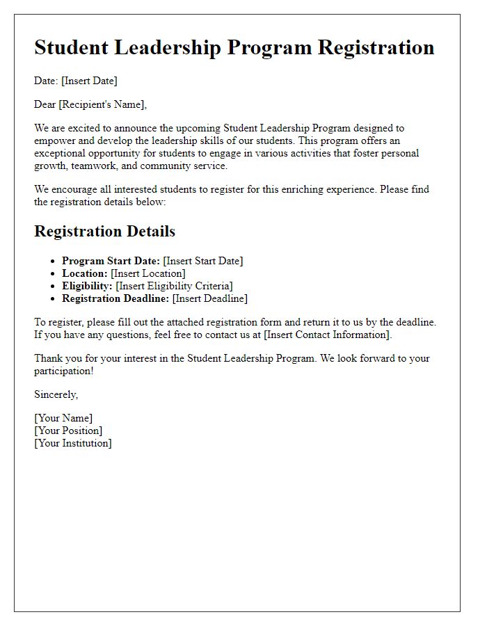 Letter template of registration for student leadership program introduction