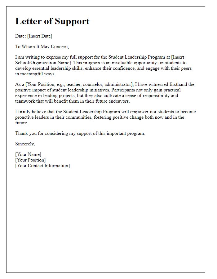 Letter template of support for student leadership program introduction