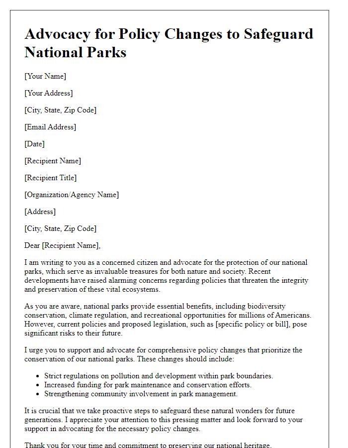 Letter template of advocacy for policy changes to safeguard national parks