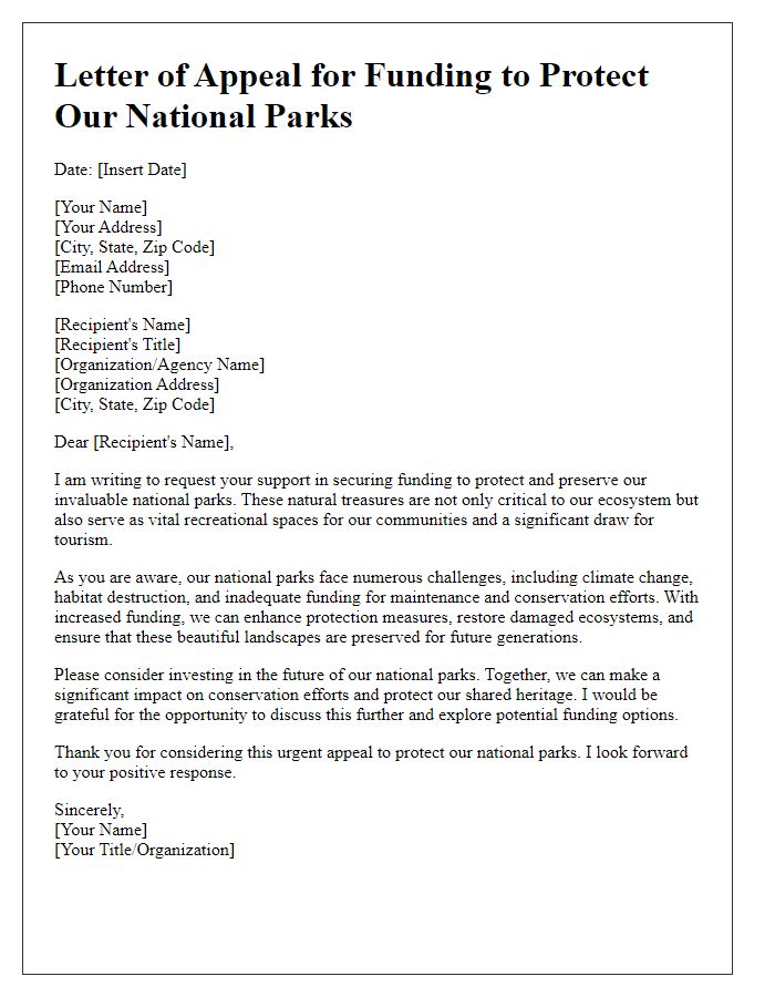 Letter template of appeal for funding to protect national parks