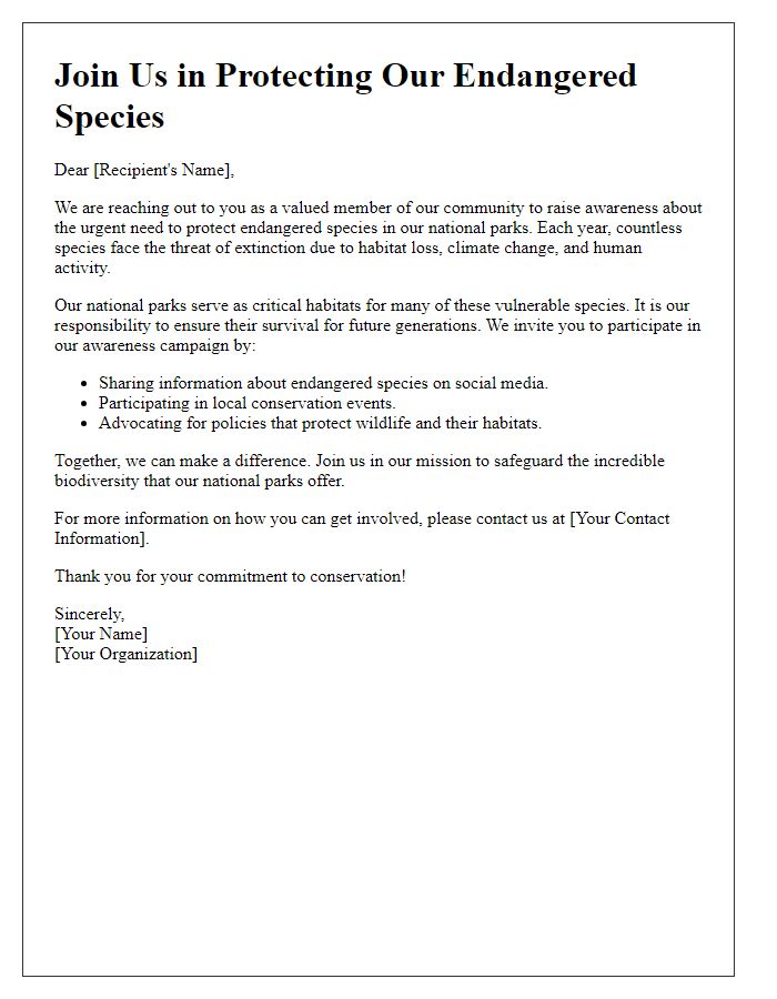 Letter template of awareness campaign for endangered species in national parks