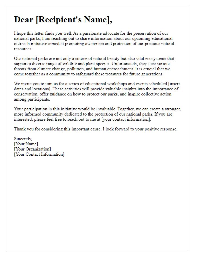 Letter template of educational outreach for national park protection