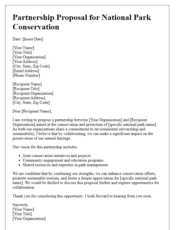 Letter template of partnership proposal for national park conservation