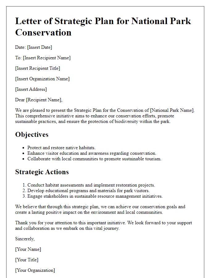 Letter template of strategic plan for national park conservation