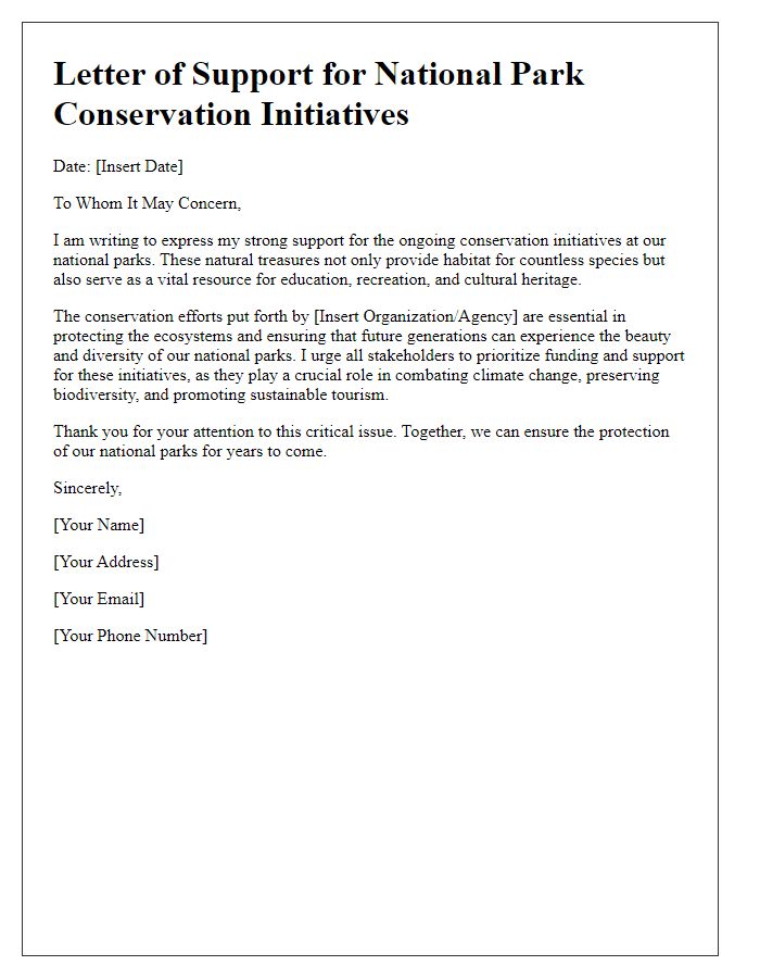 Letter template of support for national park conservation initiatives