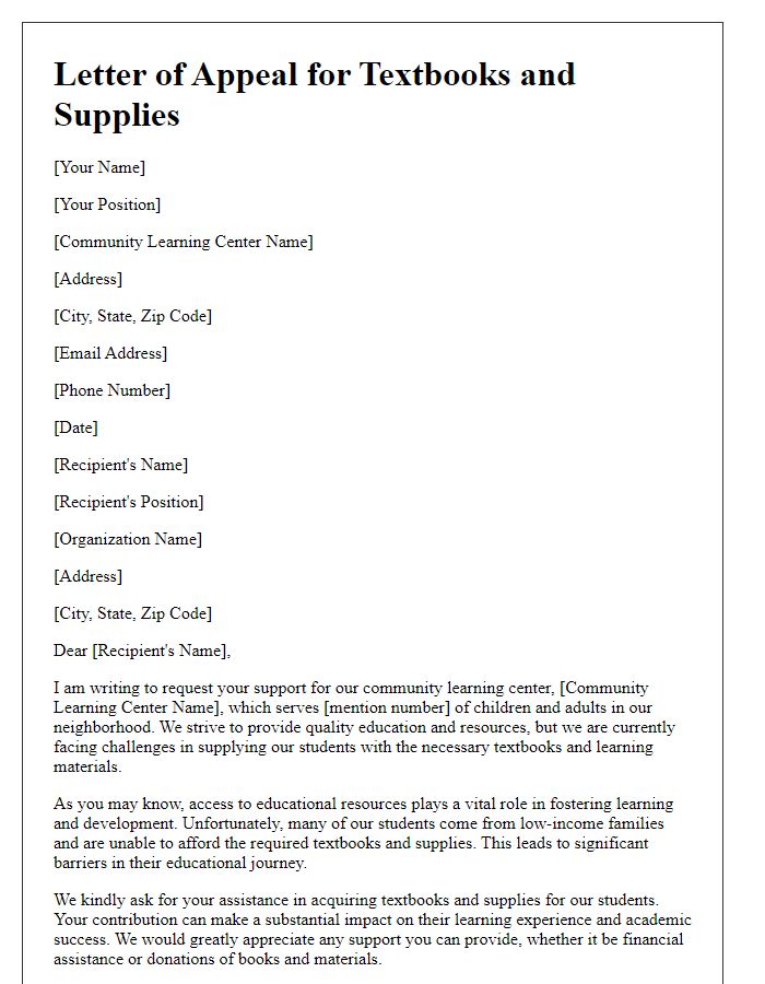 Letter template of appeal for textbooks and supplies for community learning centers