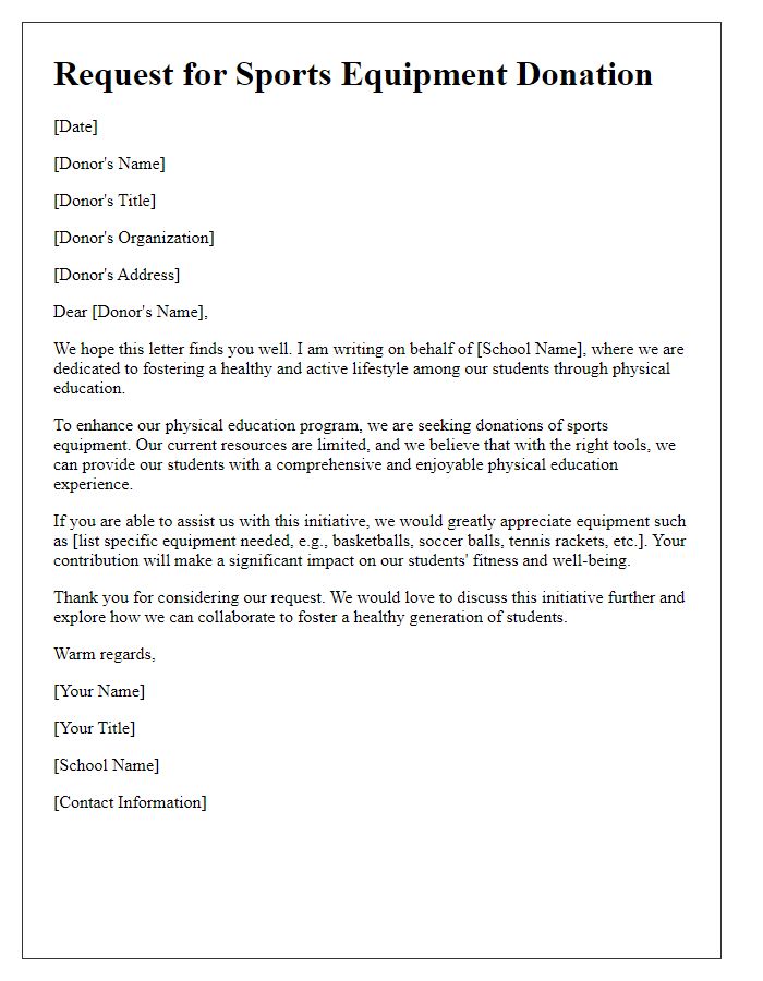 Letter template of initiative for sports equipment donation for school physical education