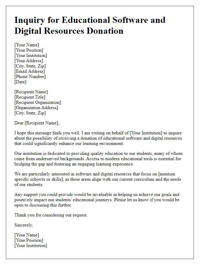 Letter template of inquiry for educational software and digital resources donation