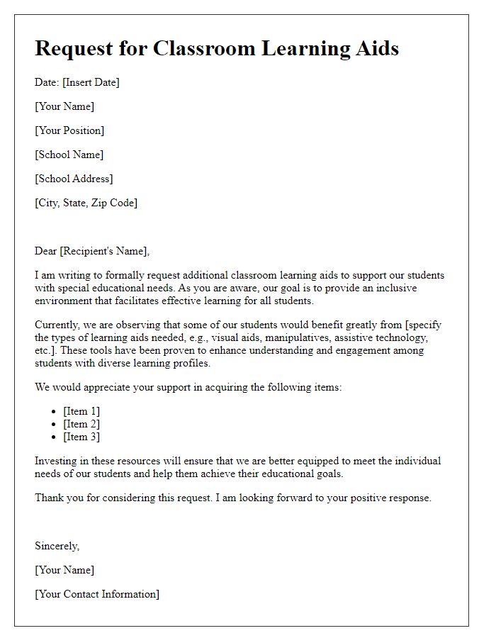 Letter template of request for classroom learning aids for special education needs