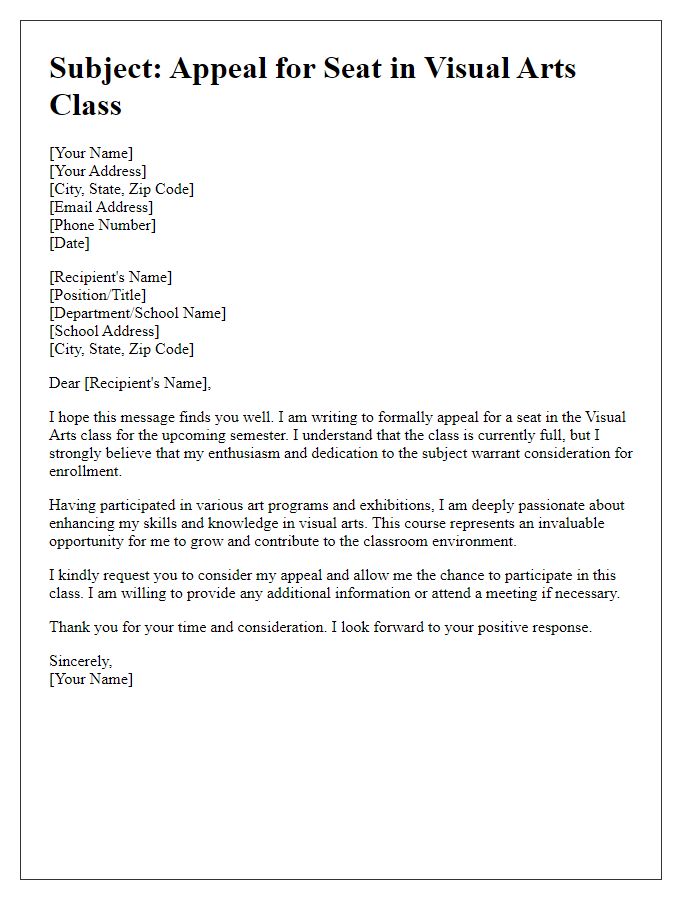 Letter template of appeal for visual arts class seat