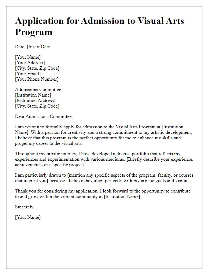 Letter template of application for visual arts program admission