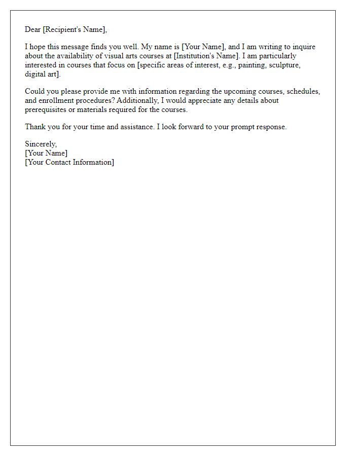 Letter template of inquiry about visual arts course availability