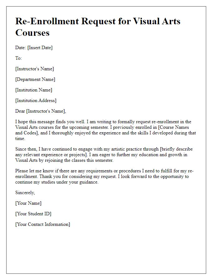 Letter template of re-enrollment for visual arts courses