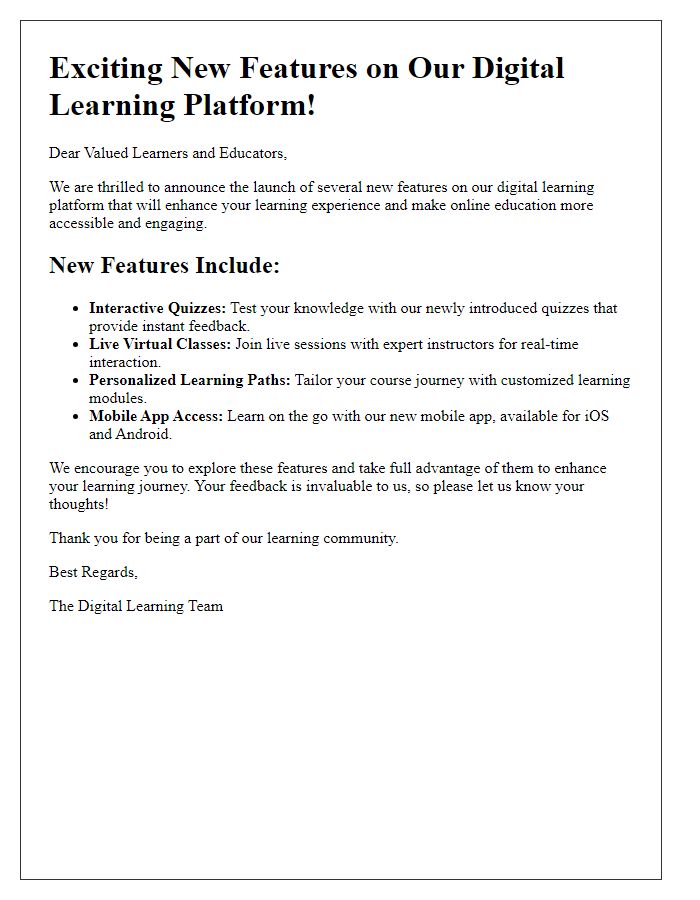 Letter template of announcement for digital learning platform features