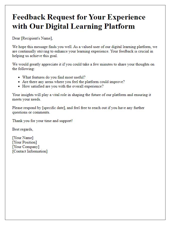 Letter template of feedback request regarding a digital learning platform experience