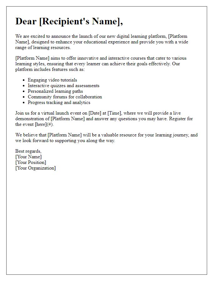 Letter template of introduction for a digital learning platform launch