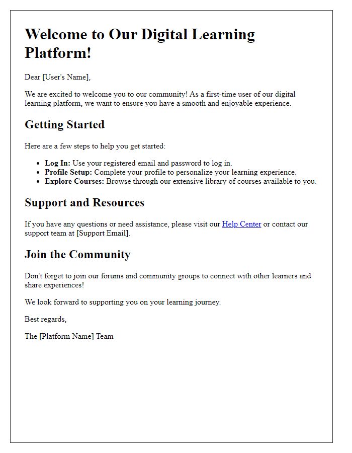 Letter template of orientation for first-time users of a digital learning platform