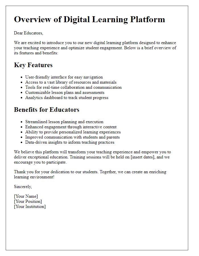 Letter template of overview for educators using a digital learning platform