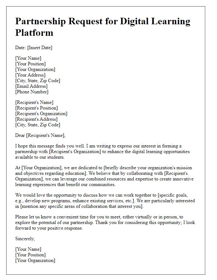 Letter template of partnership request for a digital learning platform