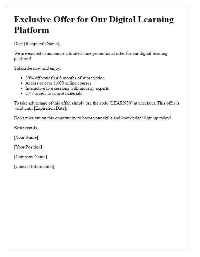 Letter template of promotional offer for subscription to a digital learning platform