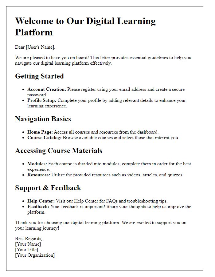 Letter template of user guidelines for navigating a digital learning platform