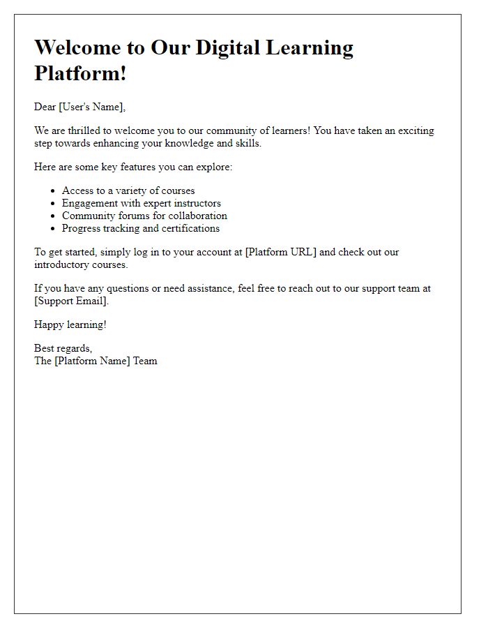 Letter template of welcome for new users of a digital learning platform