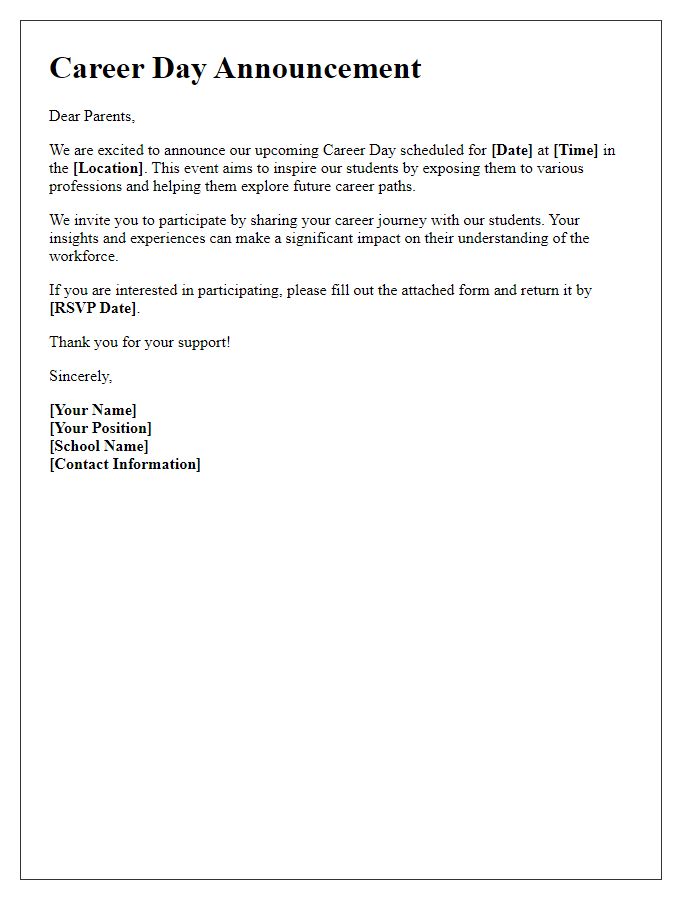 Letter template of Career Day Announcement for Parents