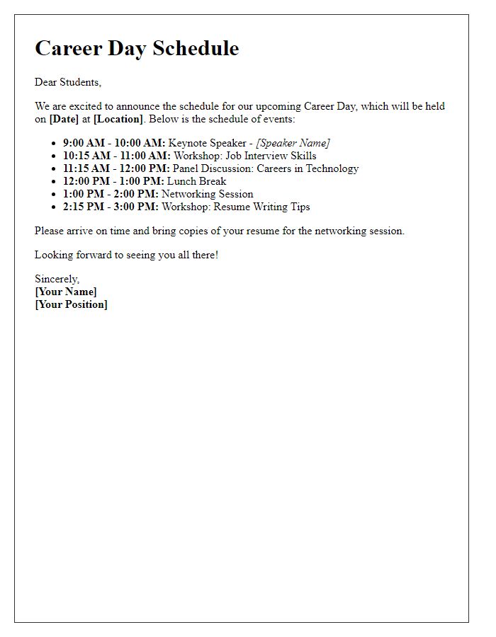 Letter template of Career Day Schedule Distribution