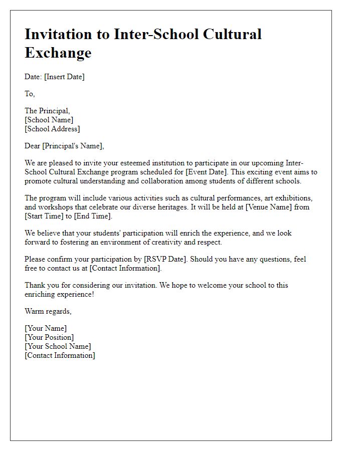 Letter template of Invitation for Inter-School Cultural Exchange