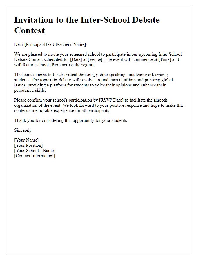 Letter template of Invitation for Inter-School Debate Contest