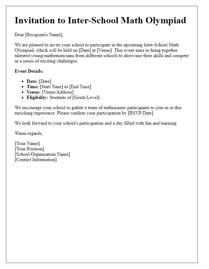 Letter template of Invitation for Inter-School Math Olympiad