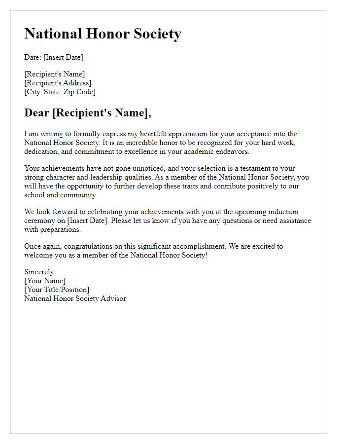 Letter template of National Honor Society Acceptance Appreciation