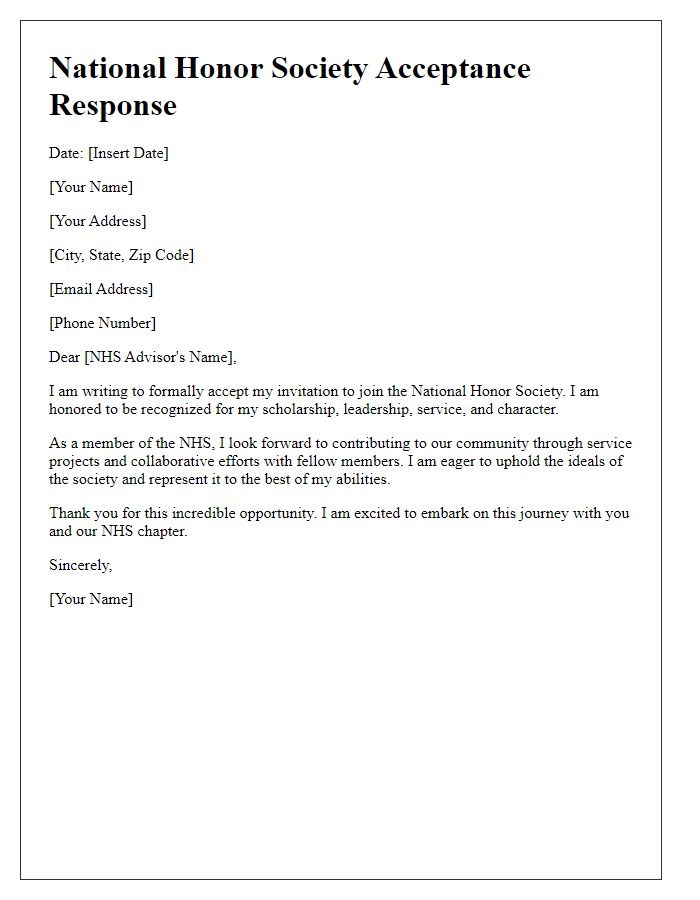 Letter template of National Honor Society Acceptance Response