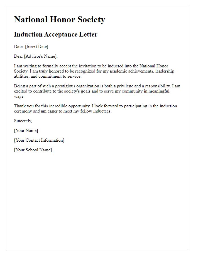 Letter template of National Honor Society Induction Acceptance