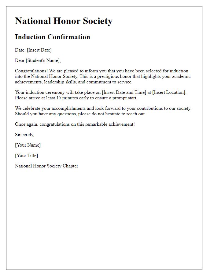 Letter template of National Honor Society Induction Confirmation