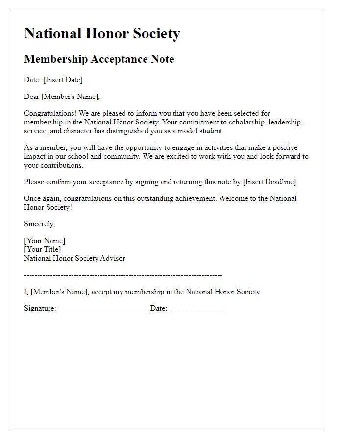 Letter template of National Honor Society Membership Acceptance Note