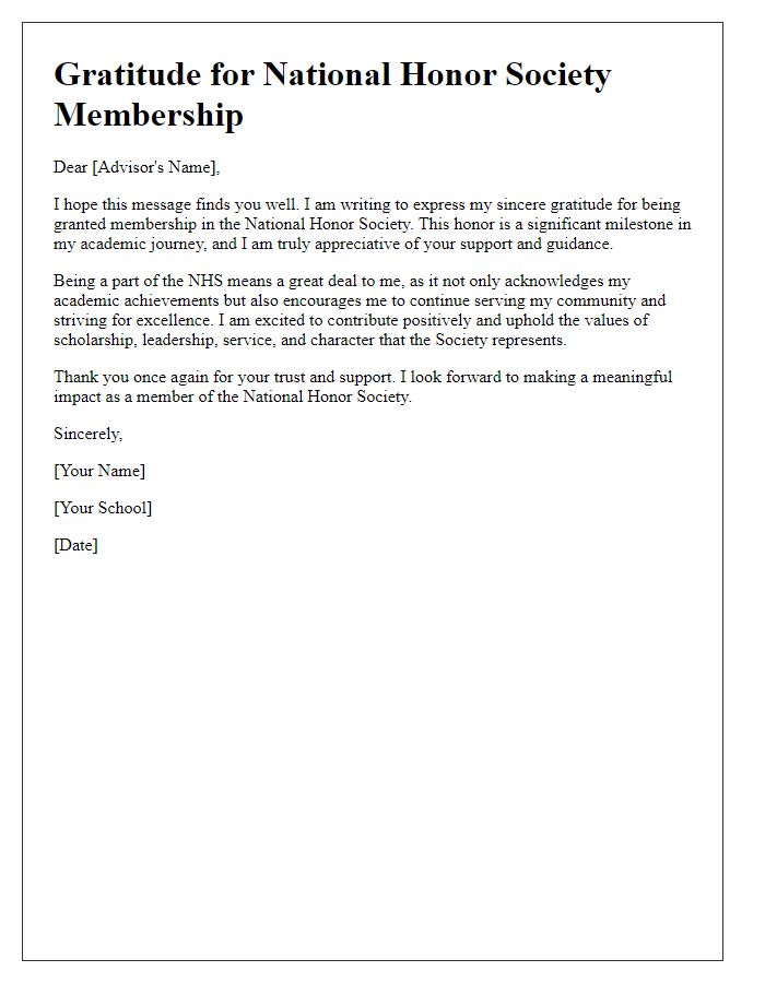 Letter template of National Honor Society Membership Gratitude