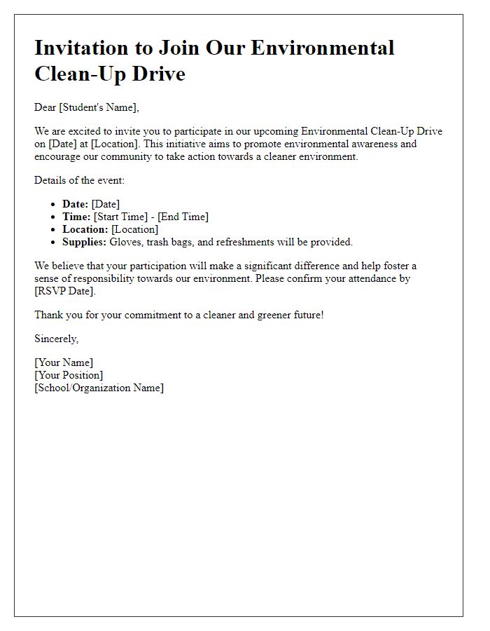 Letter template of Environmental Clean-Up Drive for Students