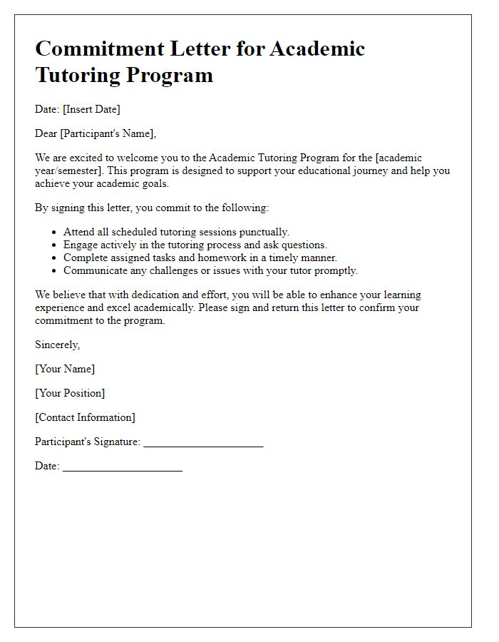 Letter template of commitment to participants of the academic tutoring program