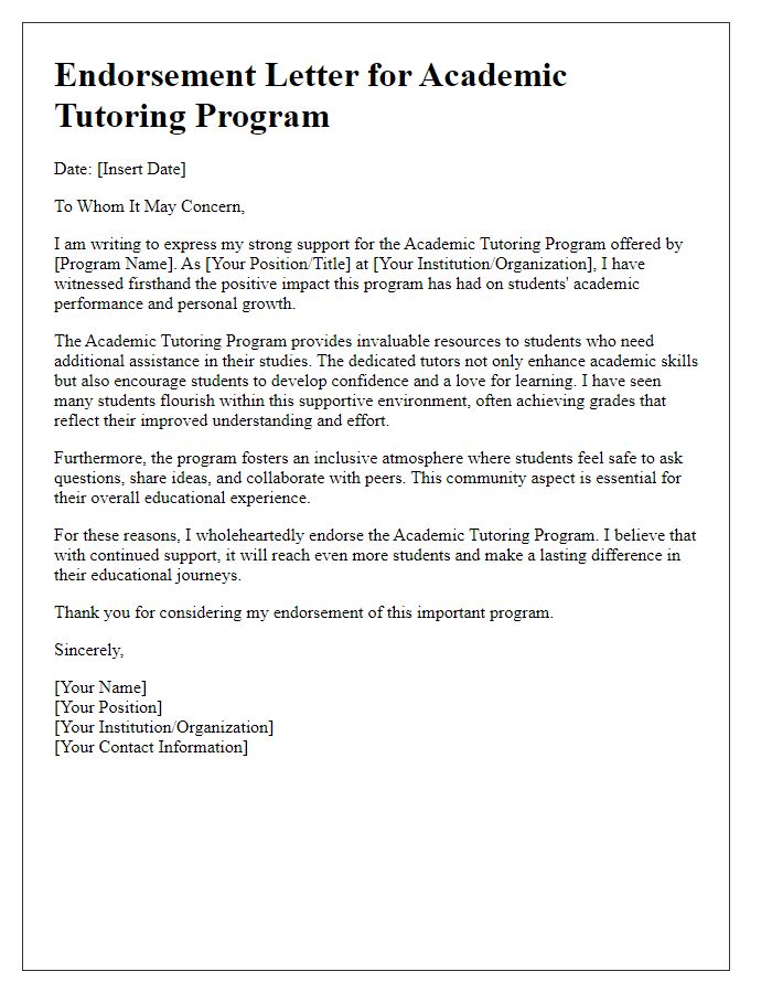 Letter template of endorsement for the academic tutoring program