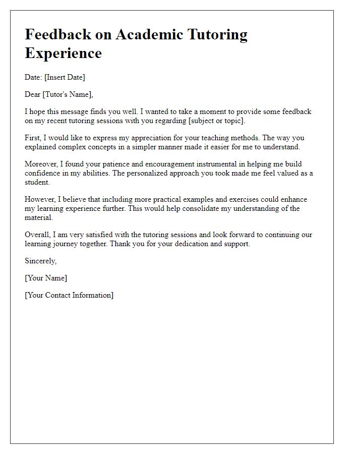 Letter template of feedback on the academic tutoring experience