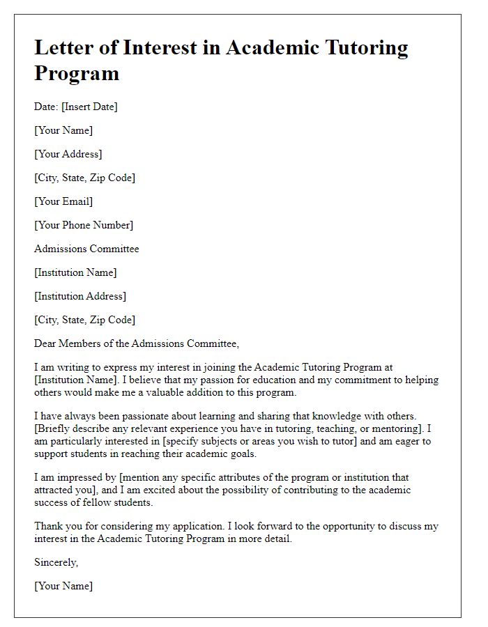 Letter template of interest in joining the academic tutoring program