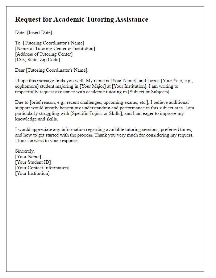 Letter template of request for academic tutoring assistance