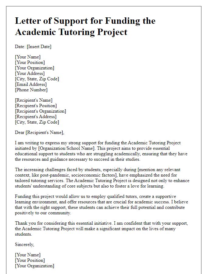 Letter template of support for funding the academic tutoring project