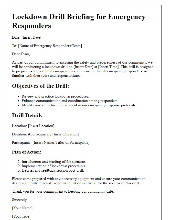 Letter template of lockdown drill briefing for emergency responders