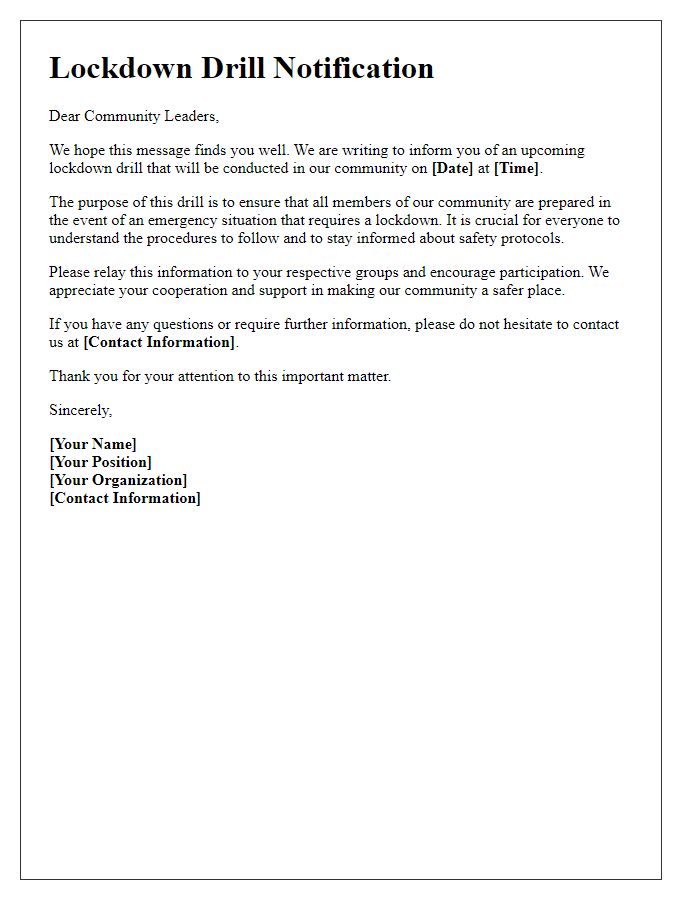 Letter template of lockdown drill communication for community leaders